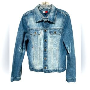 Vintage Tommy Jeans Women's Blue Optic Wash Denim‎ Trucker Jacket